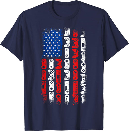 Retro Gaming Controller USA American Flag Gamers 4th Of July T-Shirt - T-Shirt | Navy