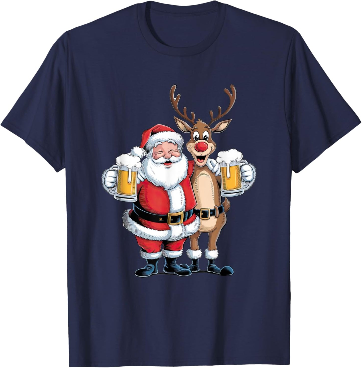 Santa Having a Beer with Reindeer. Funny Xmas Holidays T-Shirt - T-Shirt | Navy