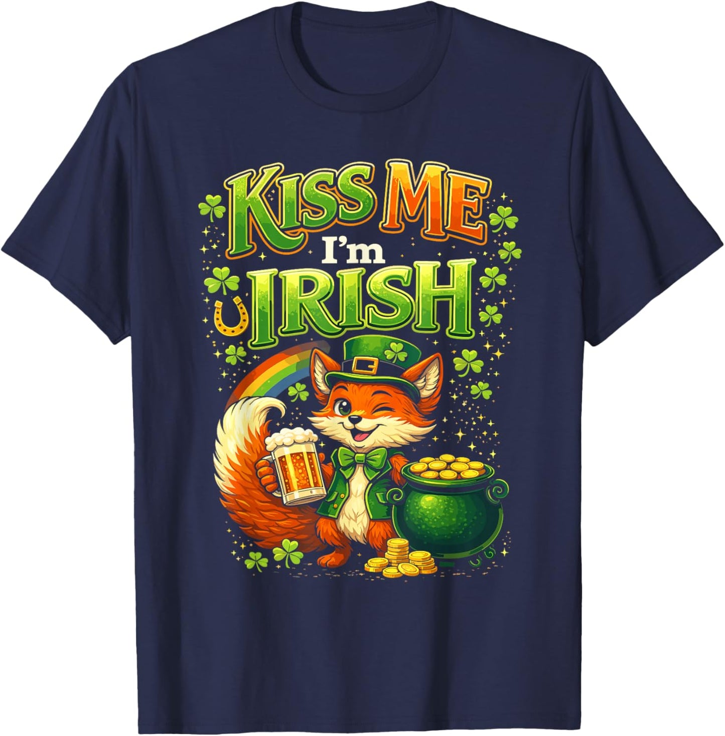 Kiss Me Im Irish St Patricks Day Fox Shamrock T-Shirt - T-Shirt | Navy