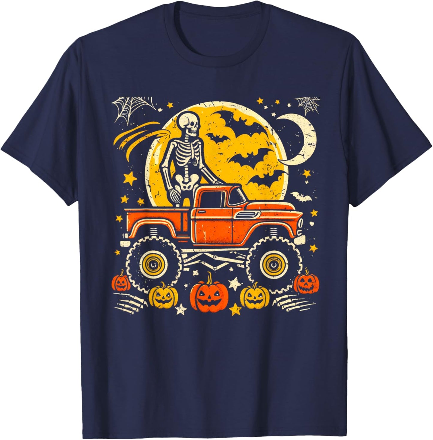 Monster Truck Halloween Jack O Lantern Moon Pumpkin Skeleton T-Shirt - T-Shirt | Navy