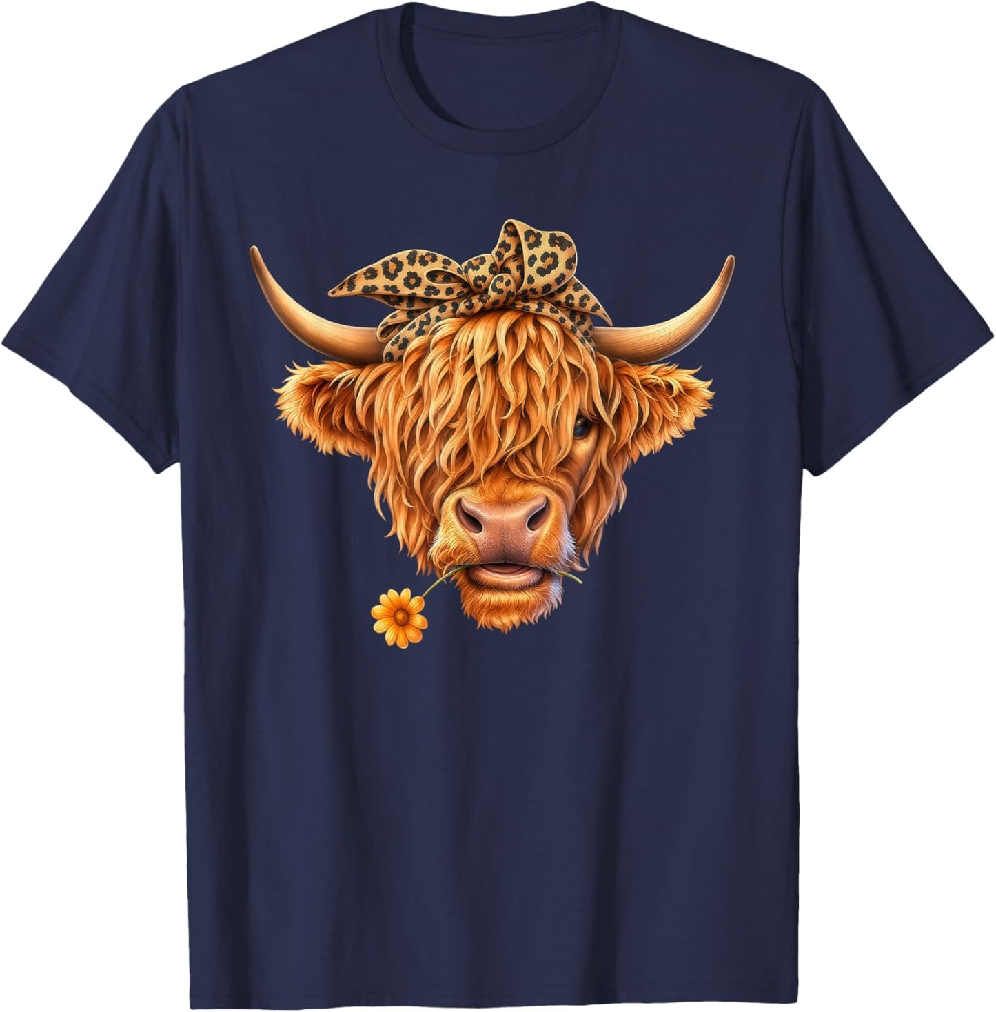 Cute Highland Cow Leopard Bow Bandana Western Cowboy Cowgirl T-Shirt - T-Shirt | Navy