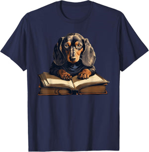Cute Dog Dachshund Reading Book T-Shirt - T-Shirt | Navy