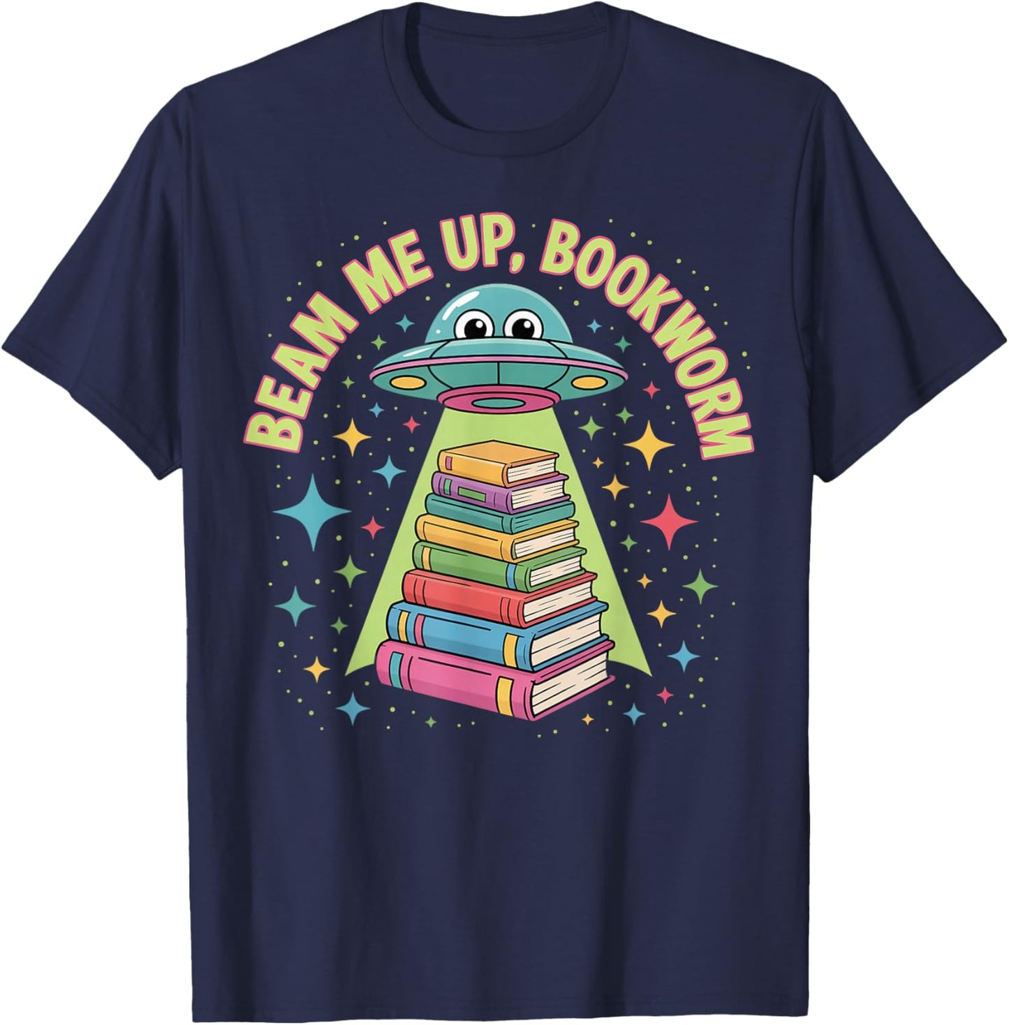 Beam Me Up Bookworm Alien Stack Books T-Shirt - T-Shirt | Navy
