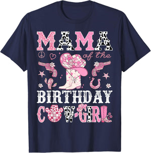 Mama Of The Birthday Cow-Girl Pink Disco Rodeo Western T-Shirt - T-Shirt | Navy