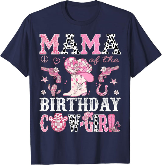Mama Of The Birthday Cow-Girl Pink Disco Rodeo Western T-Shirt - T-Shirt | Navy