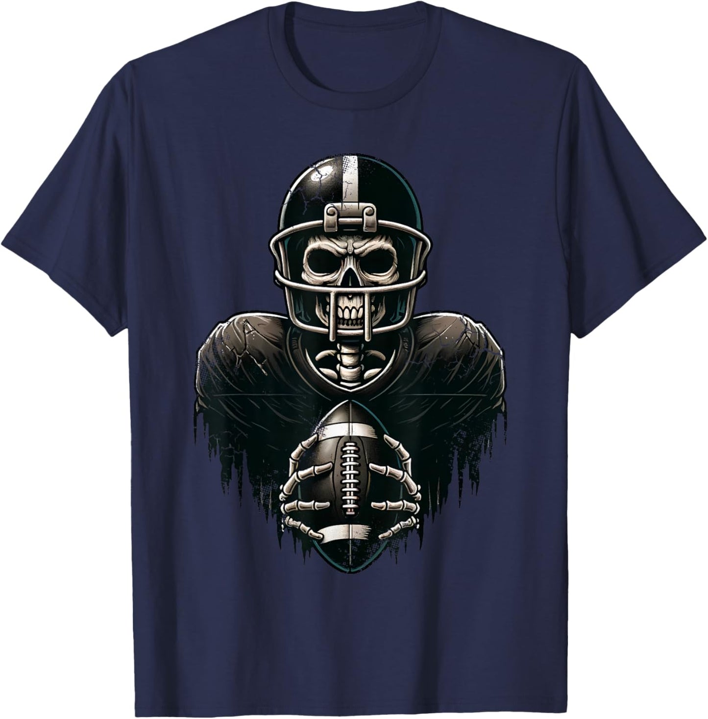 Halloween Skeleton Football Player Spooky Sports Graphic T-Shirt - T-Shirt | Navy