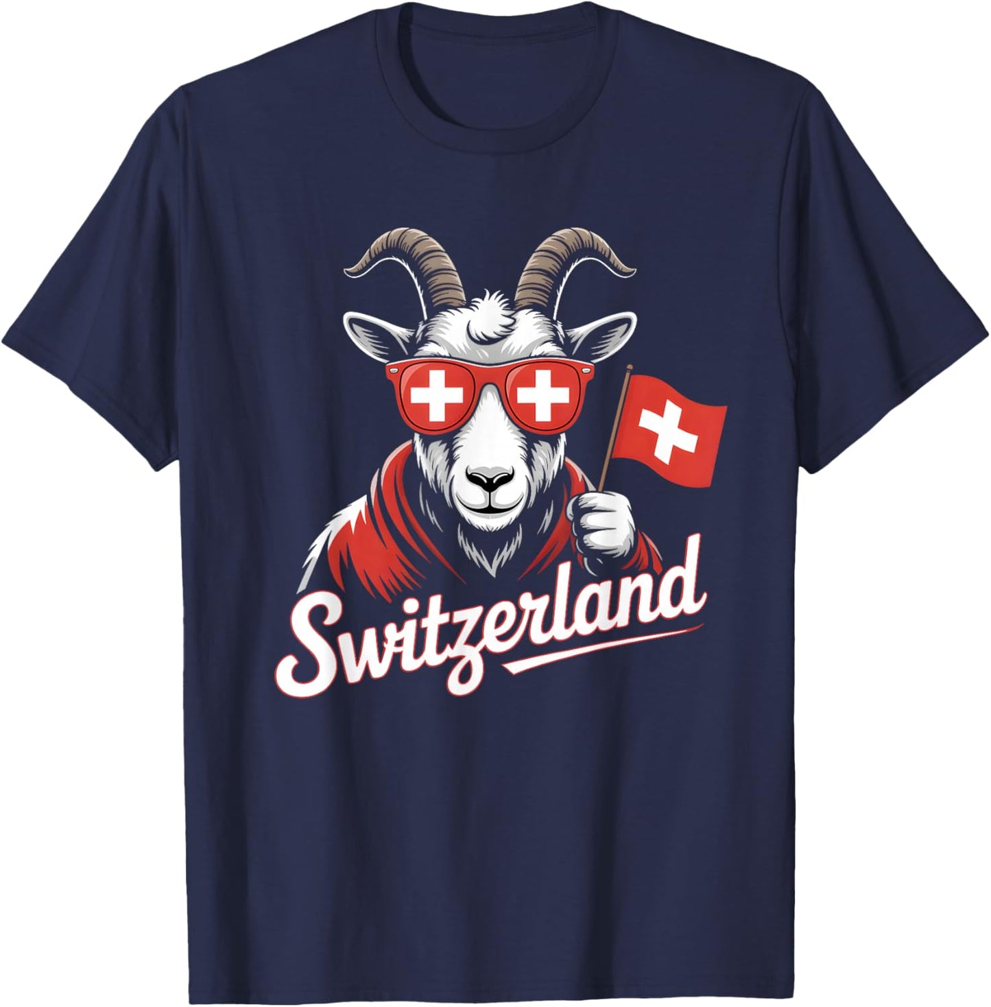 Switzerland Mountain Goat Design Funny Swiss Flag Graphic T-Shirt - T-Shirt | Navy