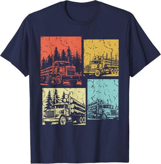Vintage Log Truck Driver Funny Logger Birthday Logging T-Shirt - T-Shirt | Navy