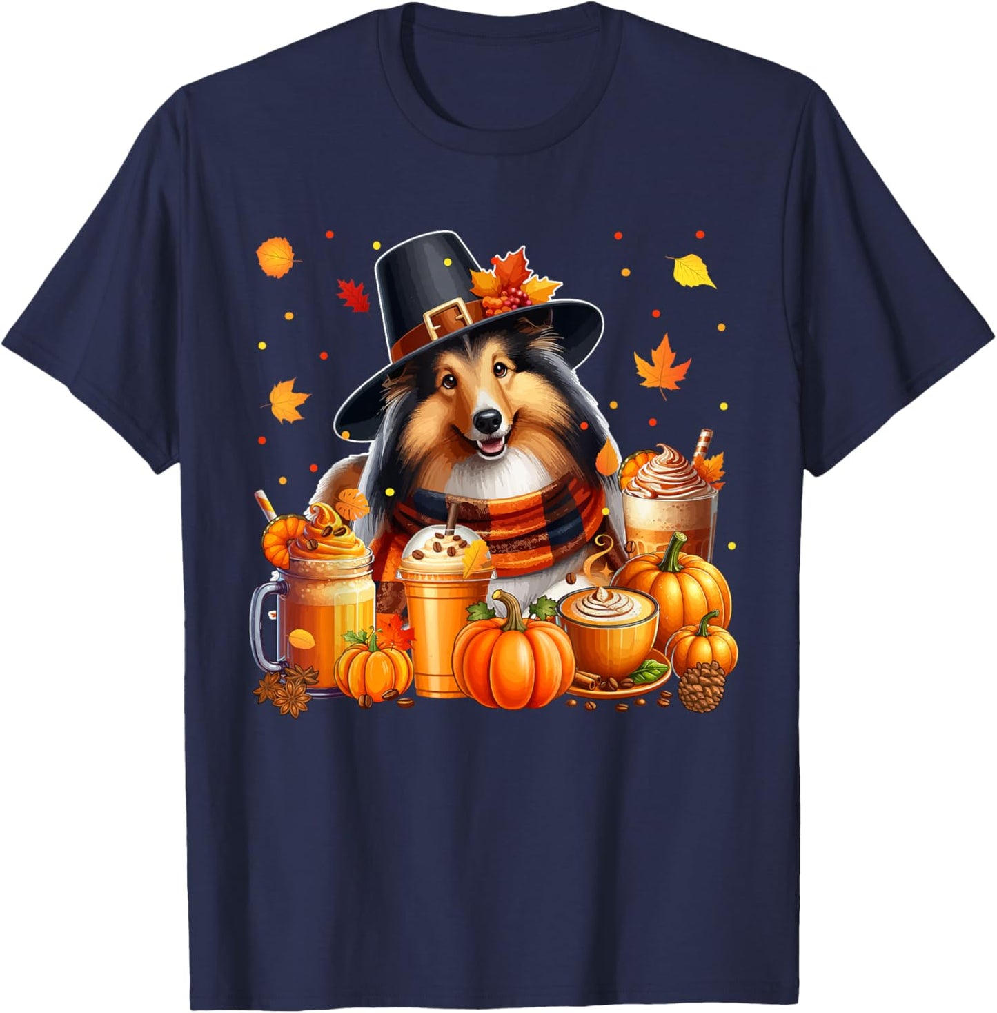 Sheltie Thanksgiving Drinks Coffee Fall Leaves Pumpkins T-Shirt - T-Shirt | Navy