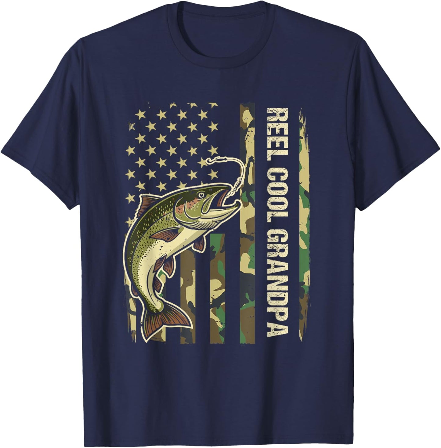Reel Cool Grandpa Trout Fishing Camo American Flag Fisherman T-Shirt - T-Shirt | Navy
