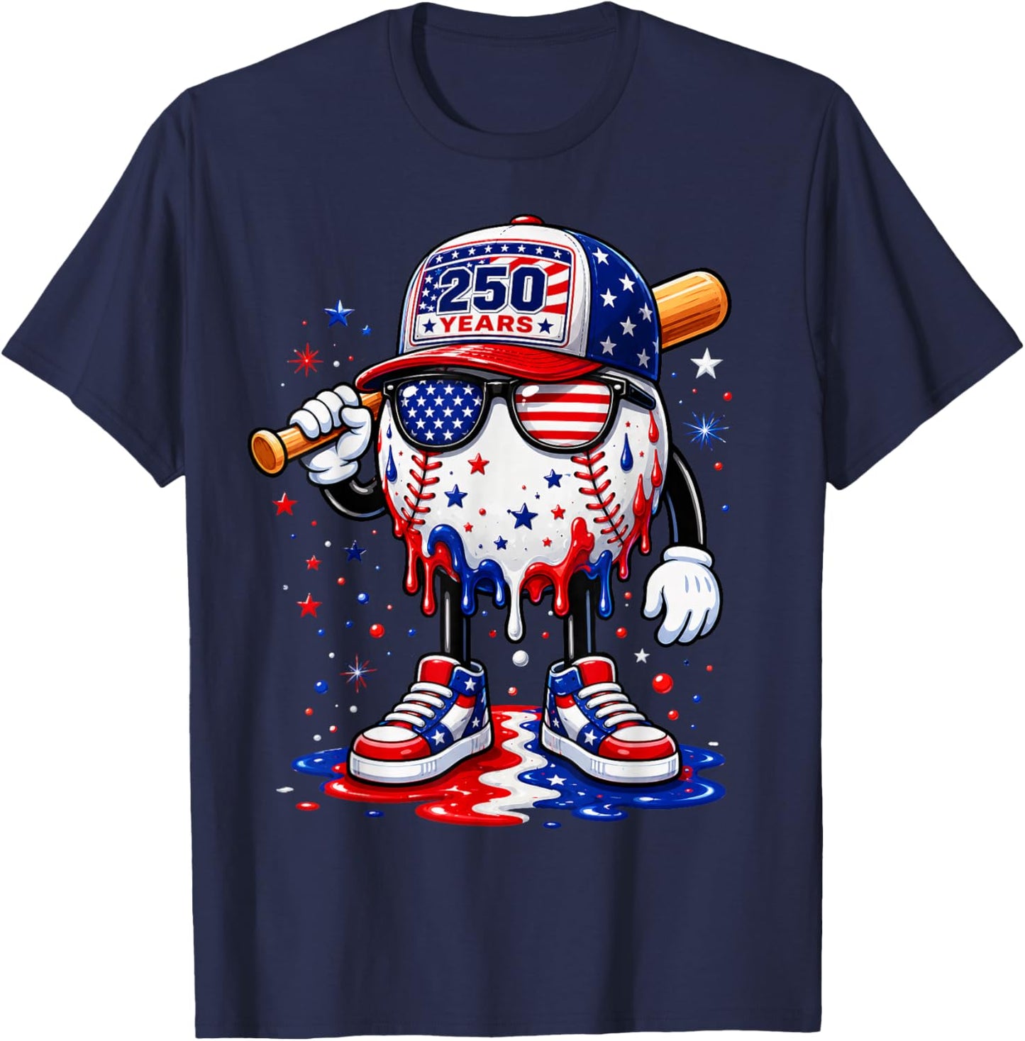 250 Years Baseball Drip Ice Cream Boys 4th of July American T-Shirt - T-Shirt | Navy
