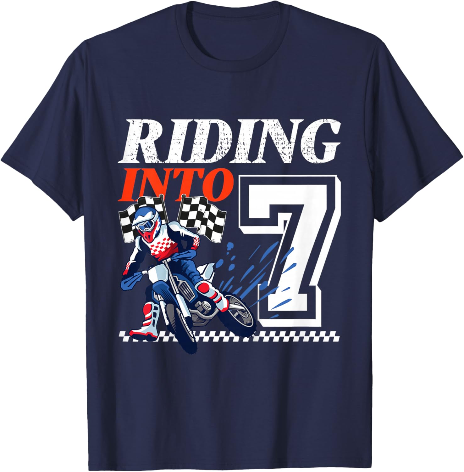 Dirt Bike Riding into 7 Years Motocross 7th Birthday Party T-Shirt - T-Shirt | Navy