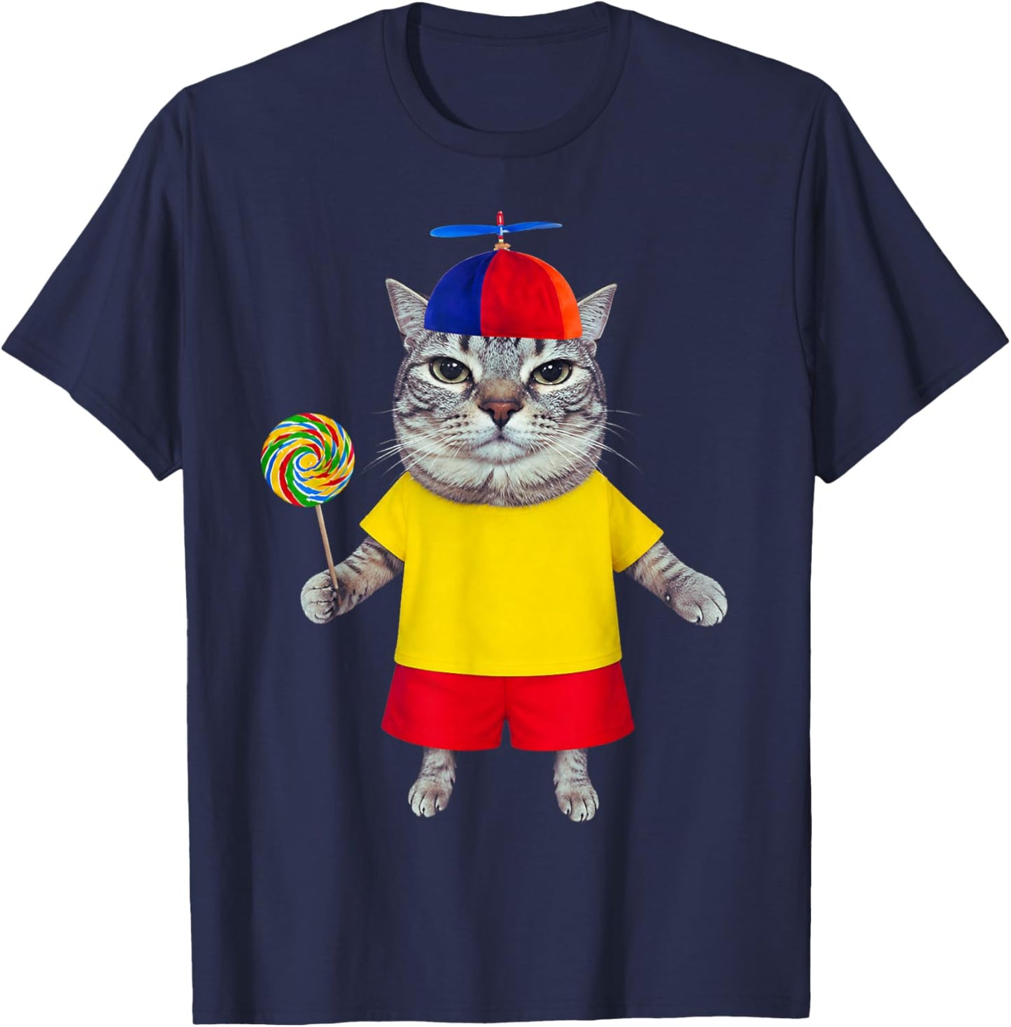 Silly Cat with Lollipop Propeller Hat Funny Meme Men Women T-Shirt - T-Shirt | Navy