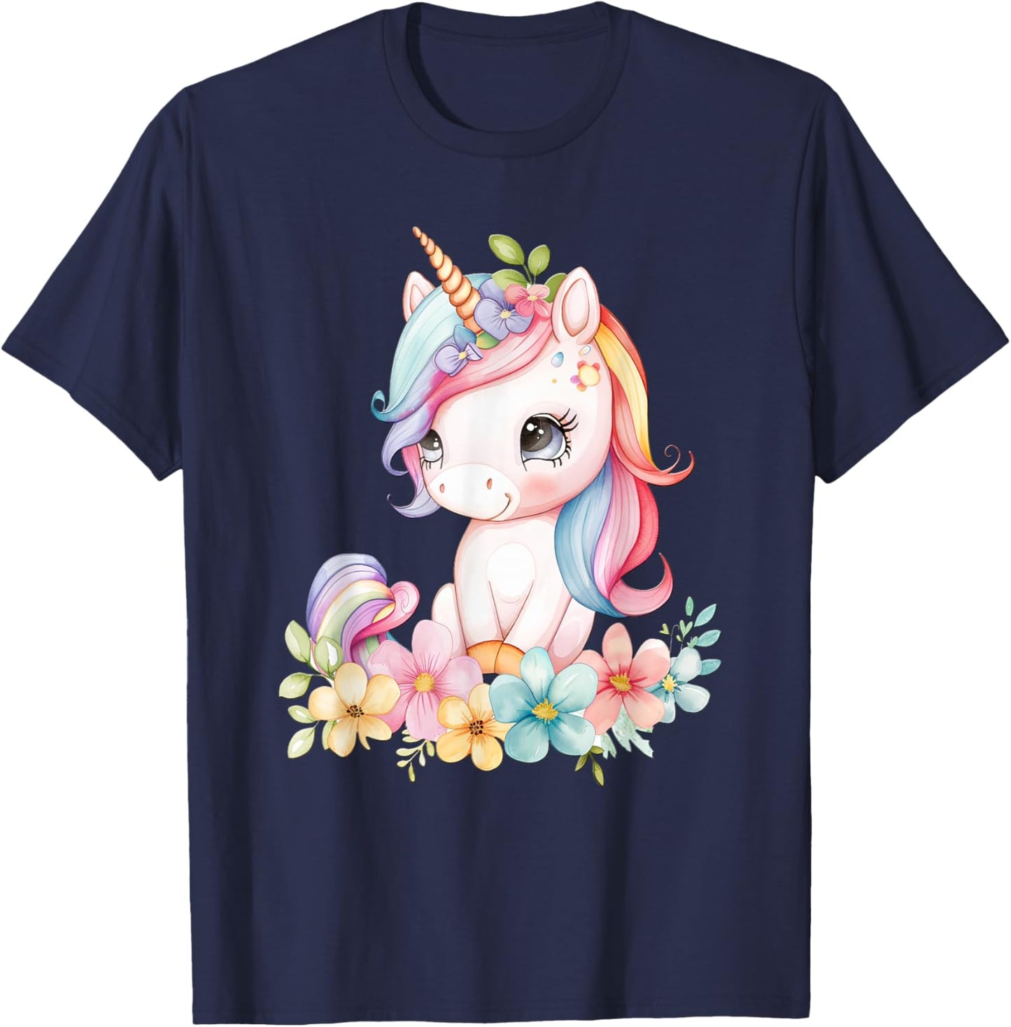 Baby Unicorn with Flowers Cute Lil Unicorns Horse Daughter T-Shirt - T-Shirt | Navy