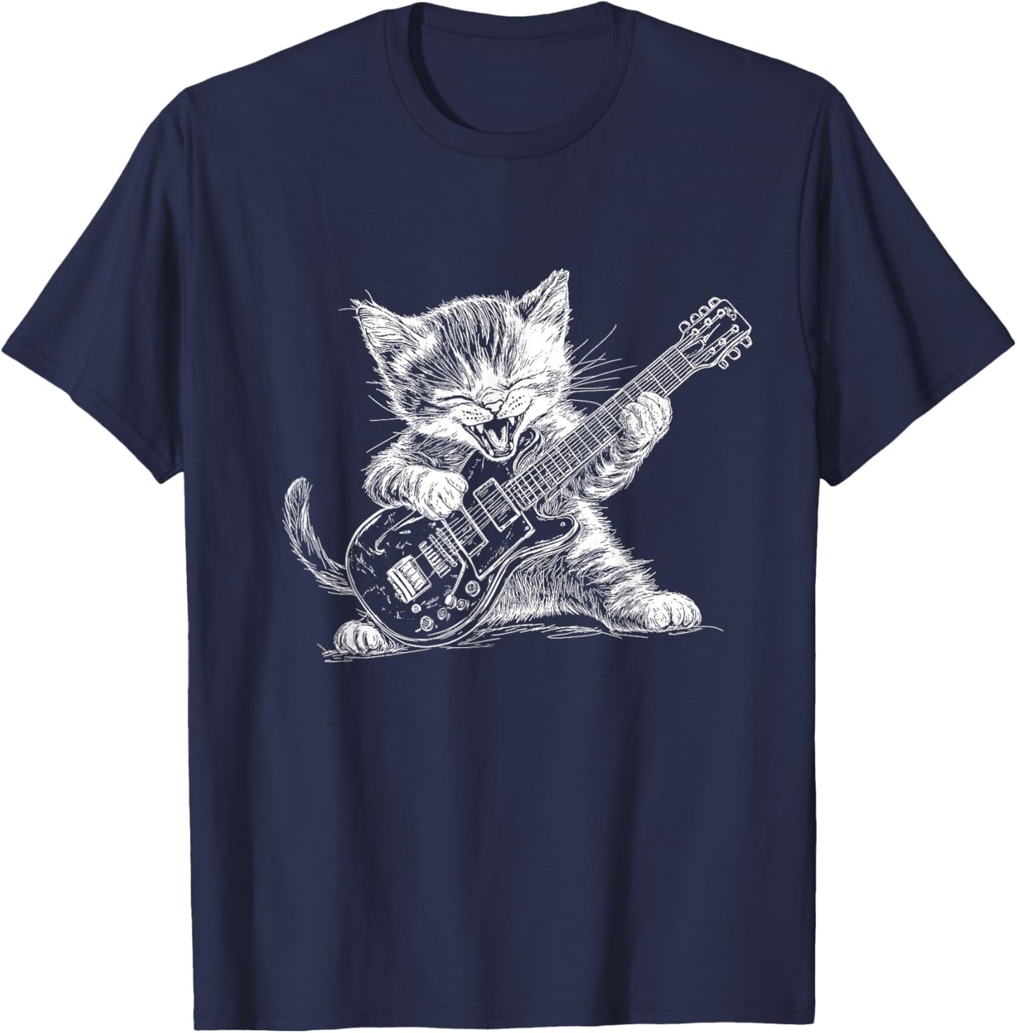 Funny Kitten Playing Guitar for Cat and Music Fans T-Shirt - T-Shirt | Navy