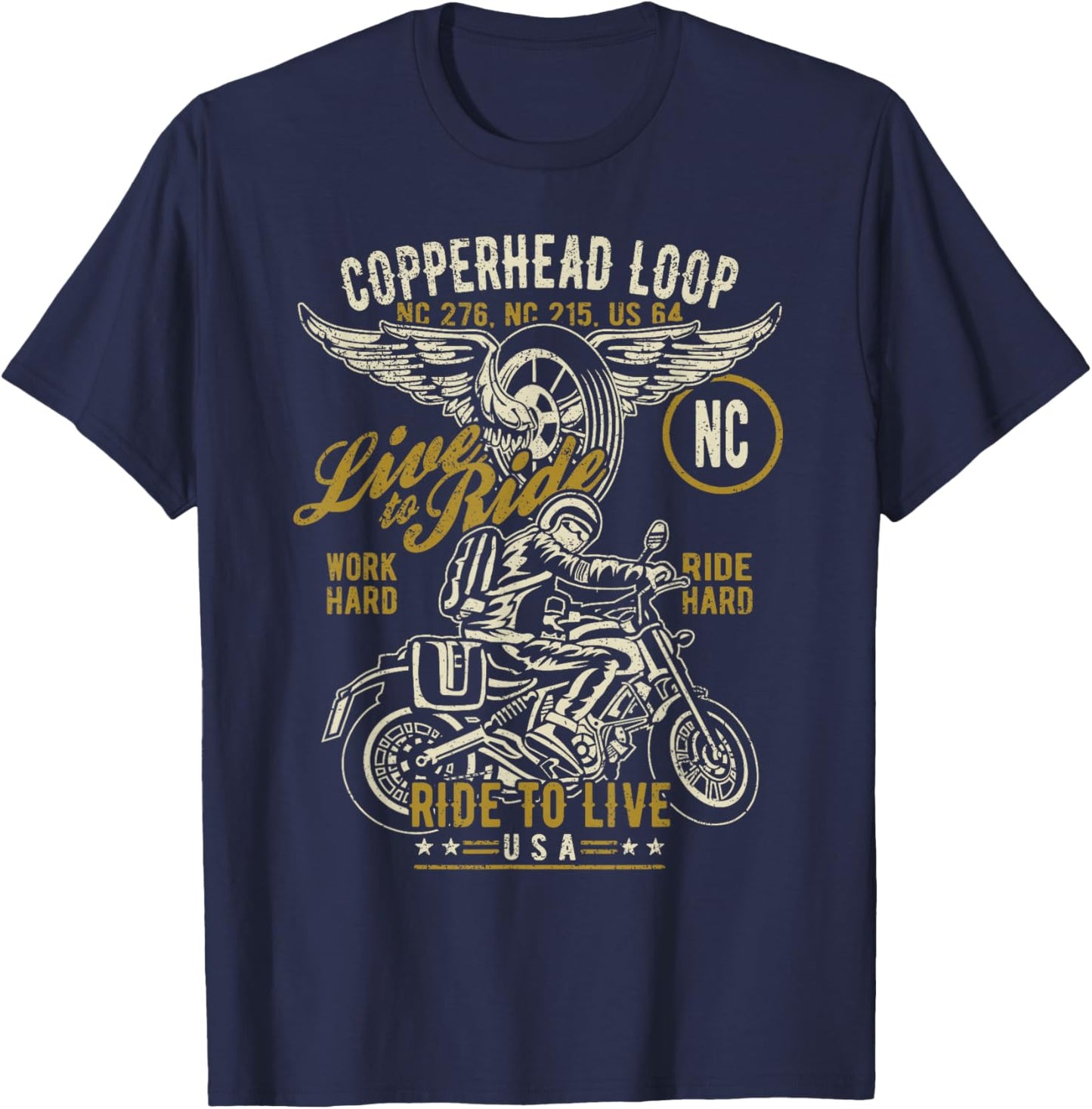 Copperhead Loop NC USA Motorcycle Distressed Design T-Shirt - T-Shirt | Navy
