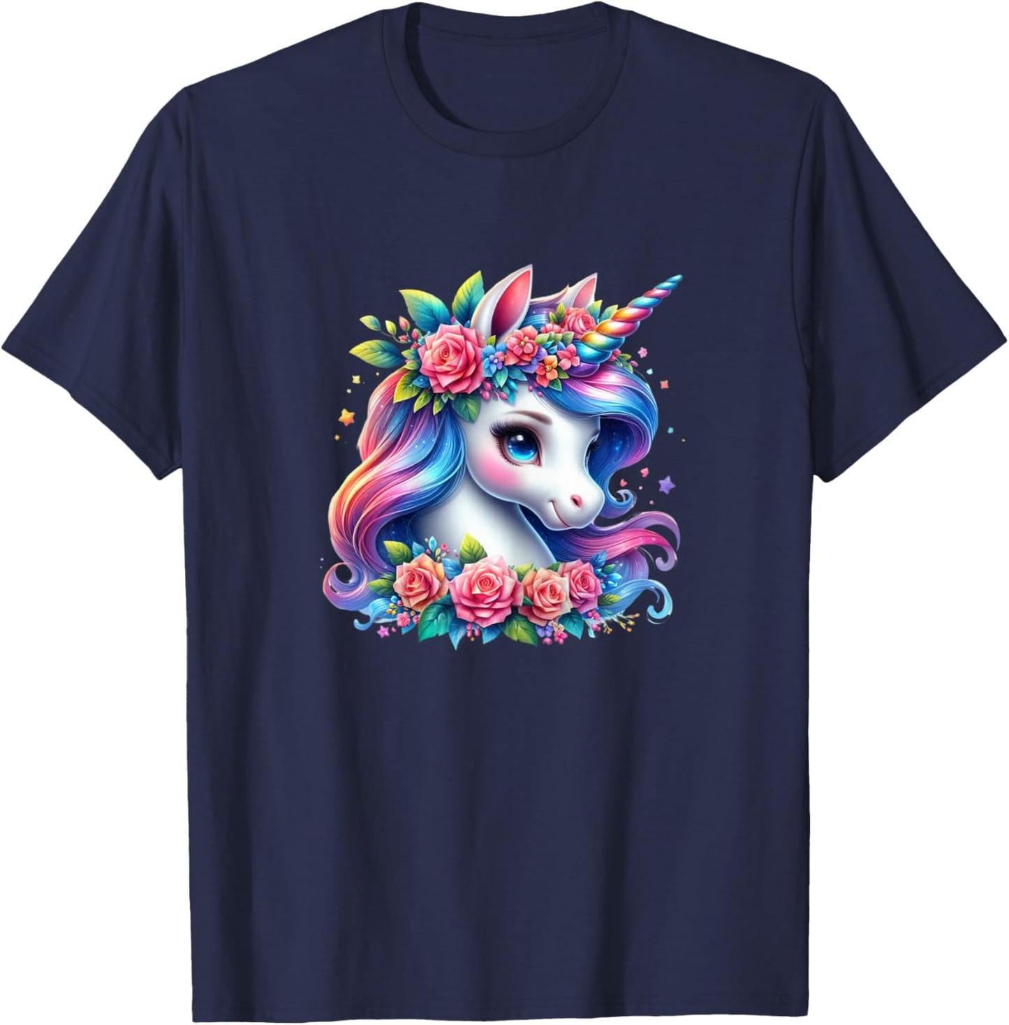 Cute Unicorn with Rainbow Mane Flowers Unicorn T-Shirt - T-Shirt | Navy
