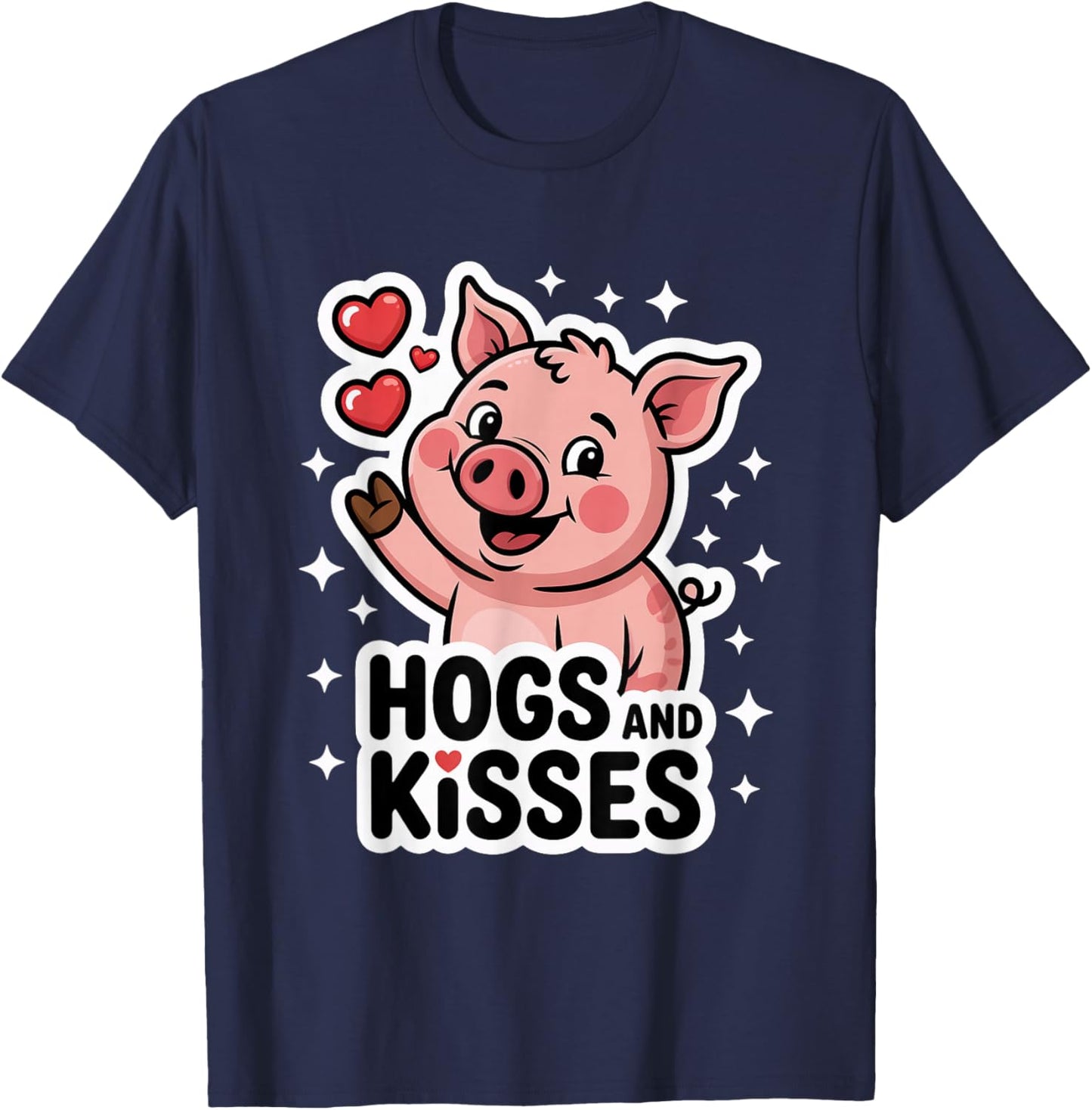 Hogs and Kisses Cute Cartoon Pig T-Shirt - T-Shirt | Navy