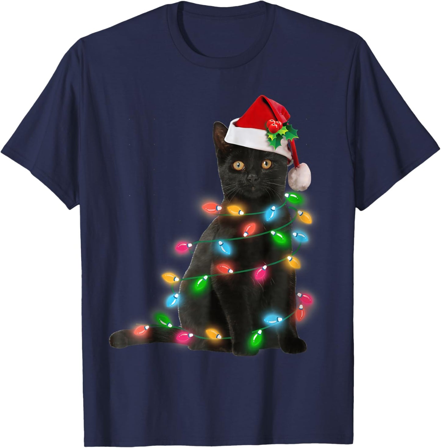 Black Cat Christmas Light cat Lover Christmas T-Shirt - T-Shirt | Navy