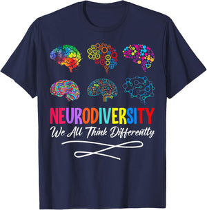 Neurodiversity We All Think Differently Brain Autism Support T-Shirt - T-Shirt | Navy