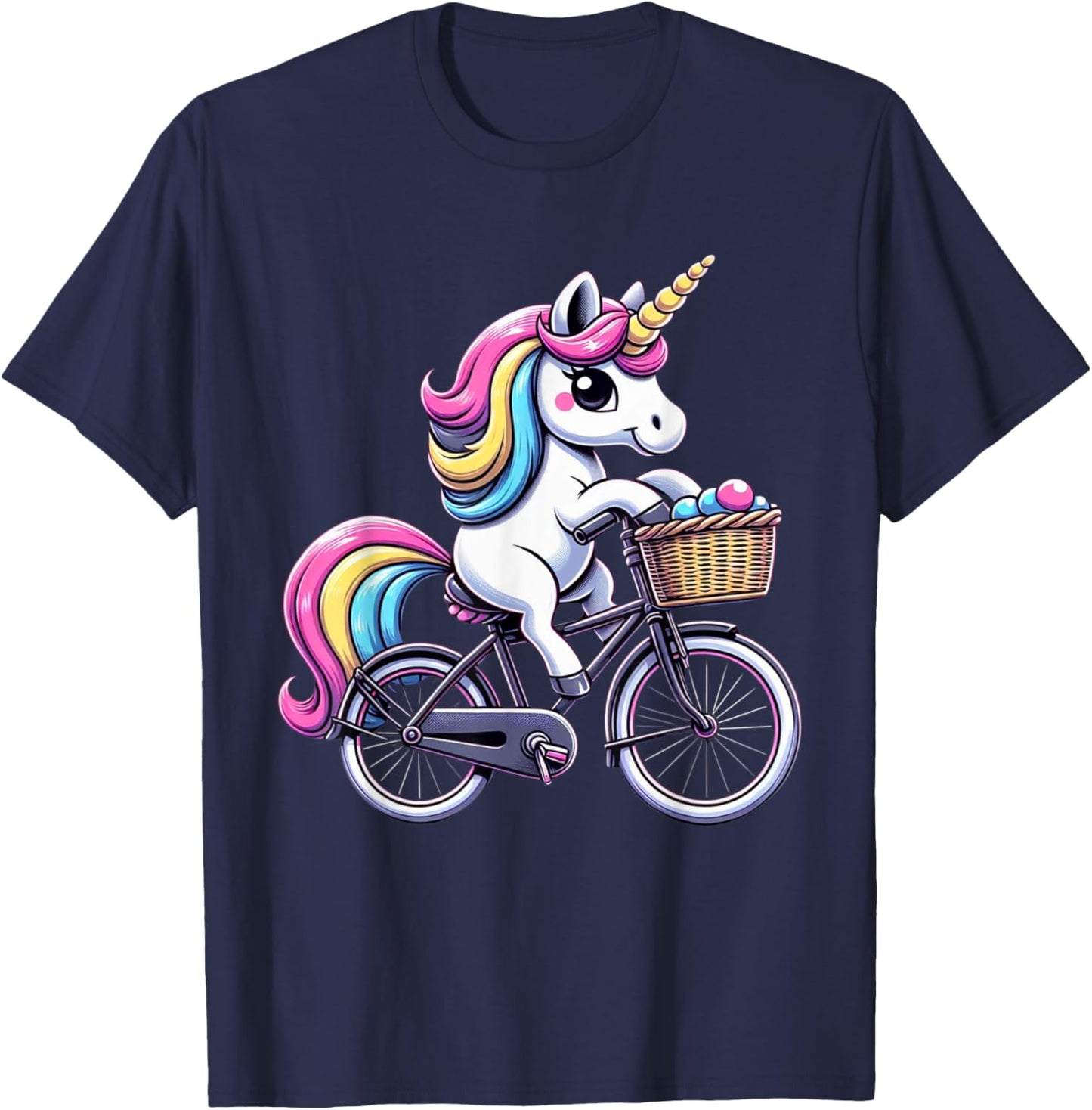 Unicorn Riding Bicycle Boys Girls Women Kids Teen Rainbow T-Shirt - T-Shirt | Navy