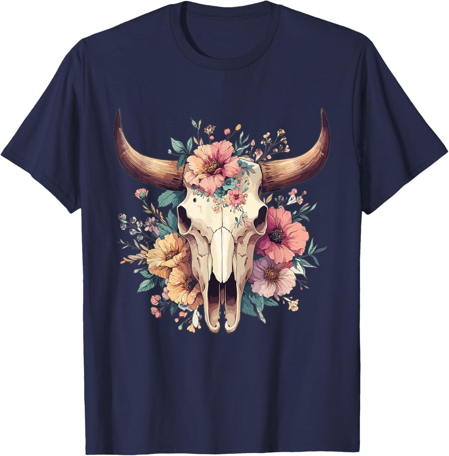 Boho Cow Bull Skull Flowers Wild west Western Cowgirl Texans T-Shirt - T-Shirt | Navy