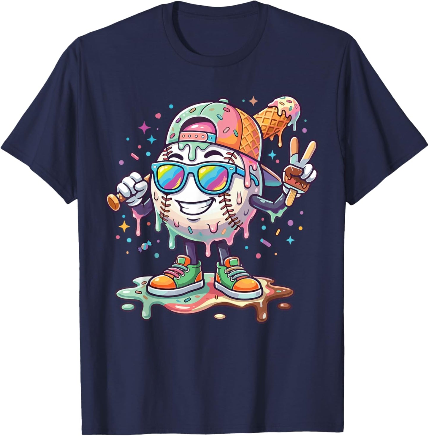 Baseball Ice Cream Drip Youth Boys Kids Baseball Drip T-Shirt - T-Shirt | Navy