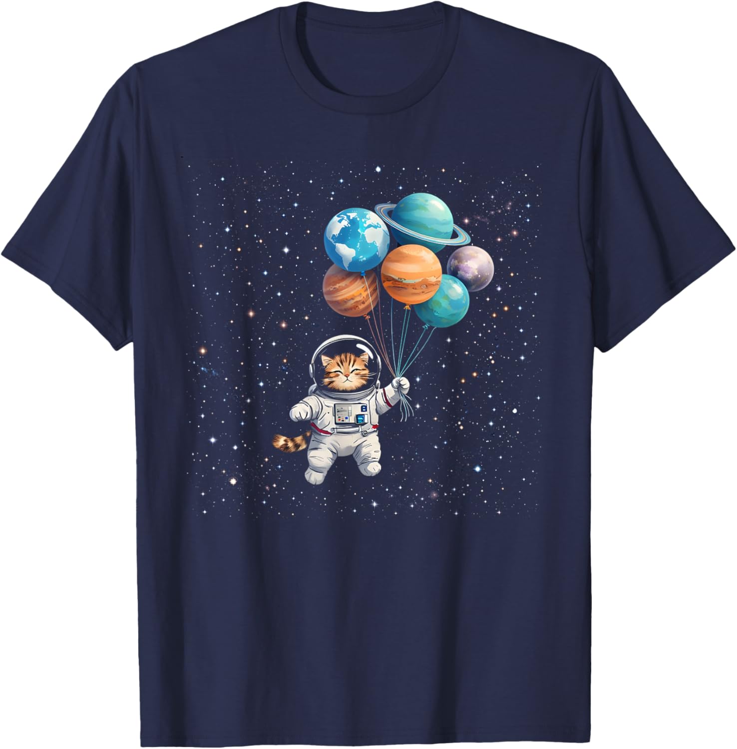 Funny Cat Astronaut Planets Balloons Science Space Women Kid T-Shirt - T-Shirt | Navy