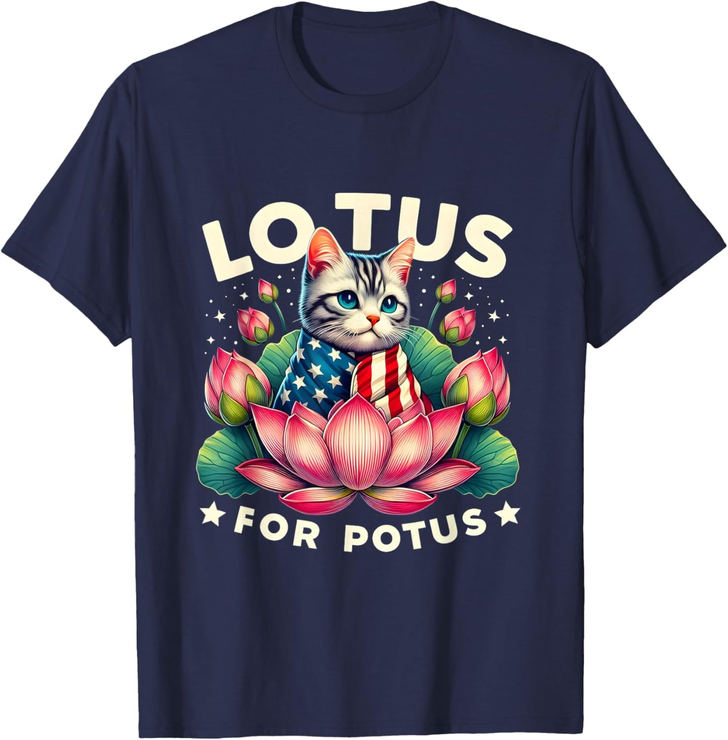 Vintage Lotus for Potus Kamala Harris US Flag Cat Lovers Men Women Girls Kids T-Shirt - T-Shirt | Navy