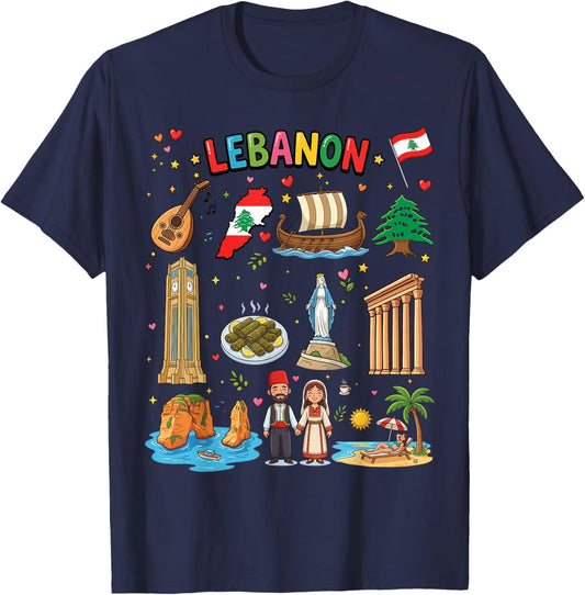 Lebanon Travel Souvenir, map, Cedar Tree, Beirut Landmarks T-Shirt - T-Shirt | Navy