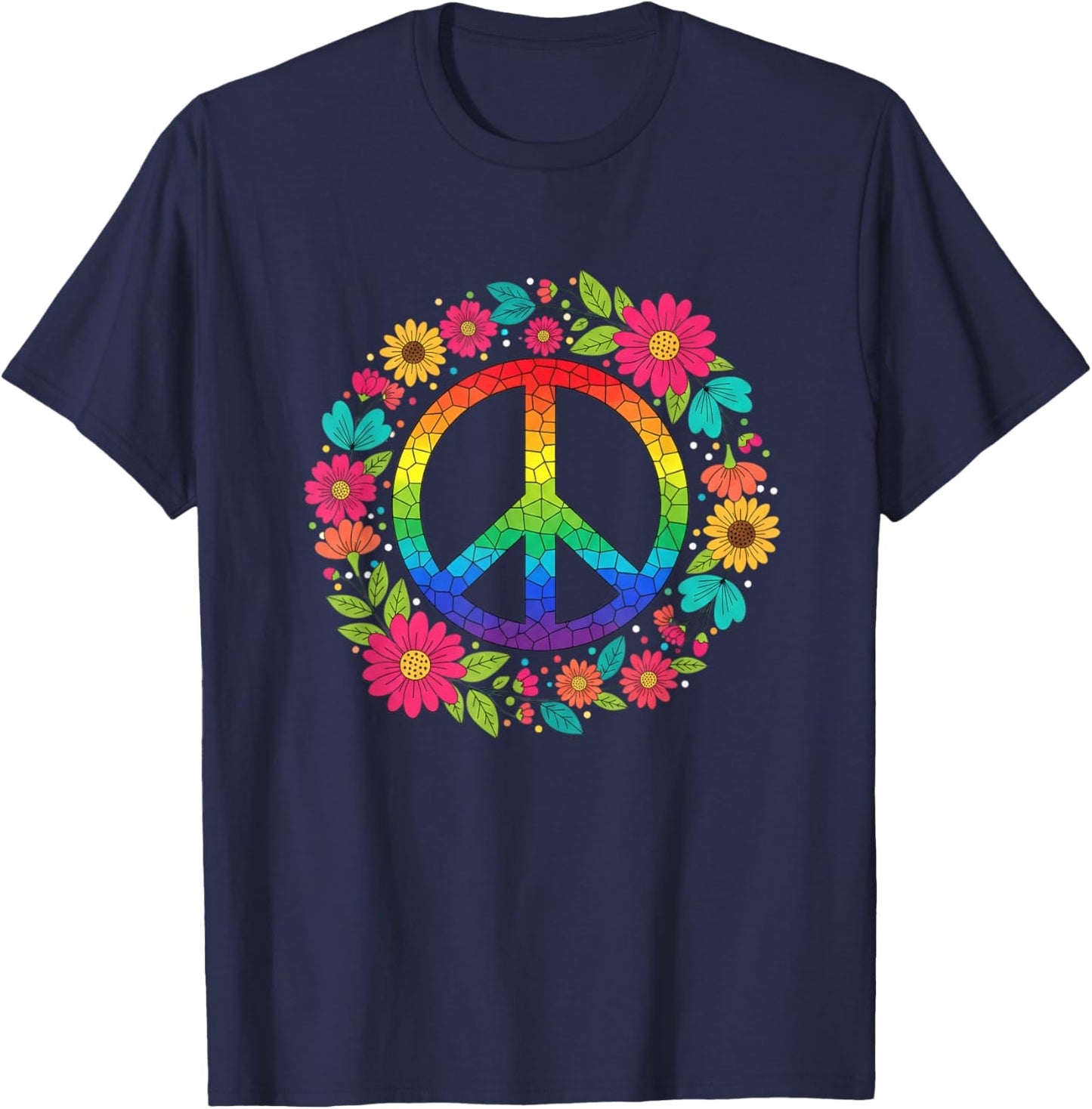 Peace Sign Floral Hippie Retro Rainbow Mosaic Boho Vibes T-Shirt - T-Shirt | Navy
