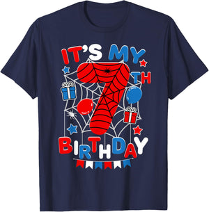 It's My 7th Birthday Spider Theme Party 7 Year Old Boys Kids T-Shirt - T-Shirt | Navy