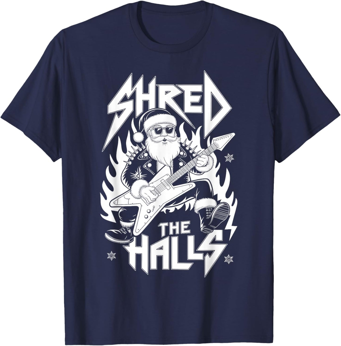 Shred the Halls Christmas Rocker Santa Metalhead Guitarist T-Shirt - T-Shirt | Navy