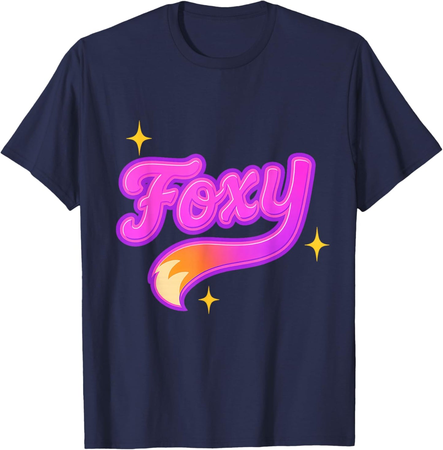Foxy Retro Style Design with Pink Neon Letters & Cute Tail T-Shirt - T-Shirt | Navy