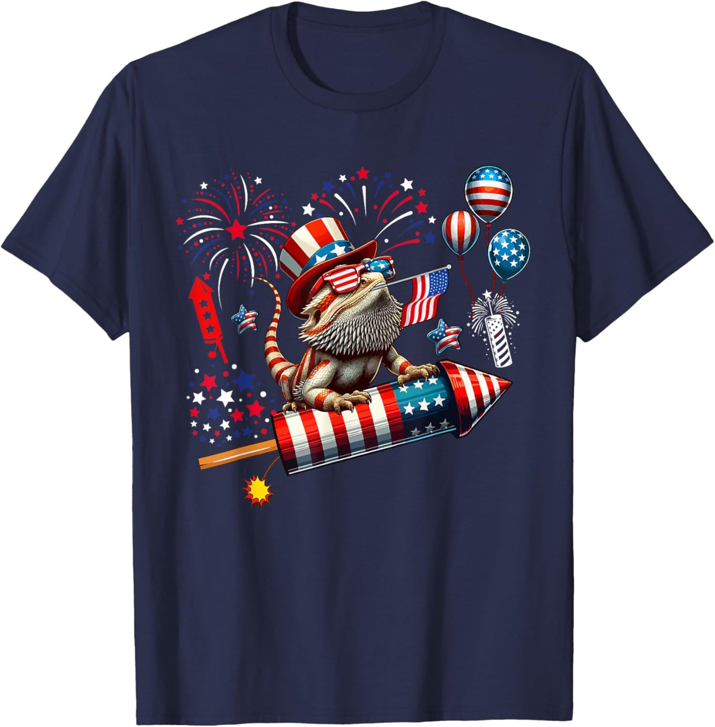 Bearded Dragon Riding Firecracker US Flag 4th Of July T-Shirt - T-Shirt | Navy