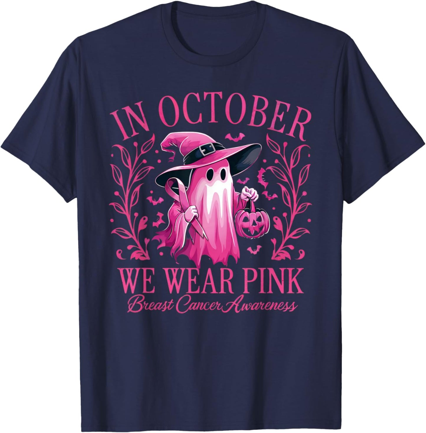 In October We Wear Pink Breast Cancer Awareness Halloween T-Shirt - T-Shirt | Navy
