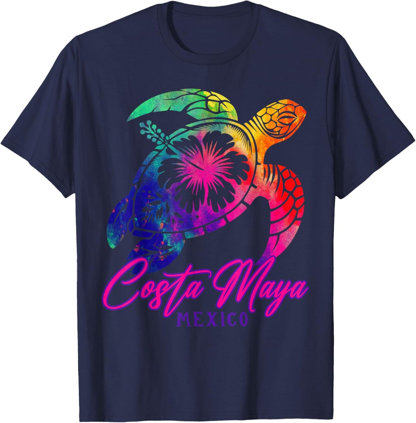 Costa Maya Mexico Tie Dye Sea Turtle Hibiscus Beach Vacation T-Shirt - T-Shirt | Navy