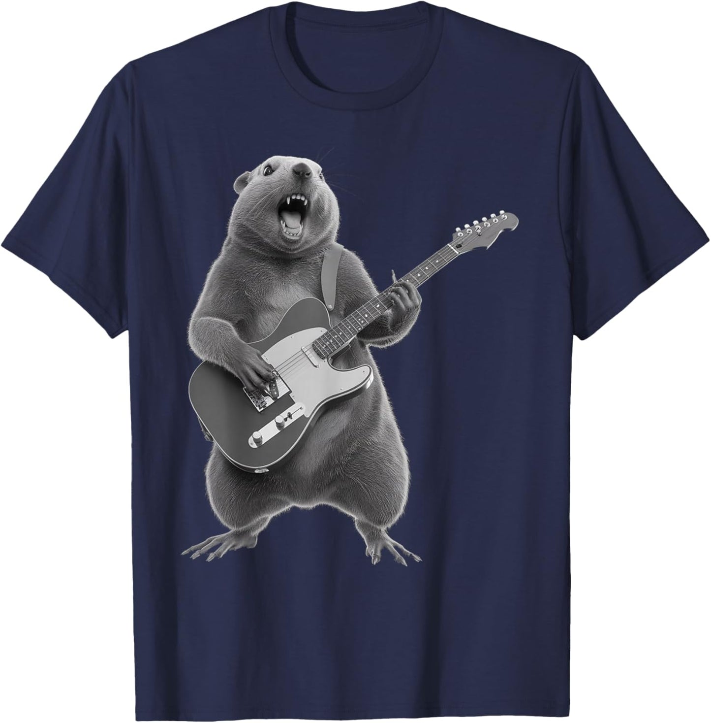 Groundhog Playing Guitar Rock Star Happy Groundhog T-Shirt - T-Shirt | Navy