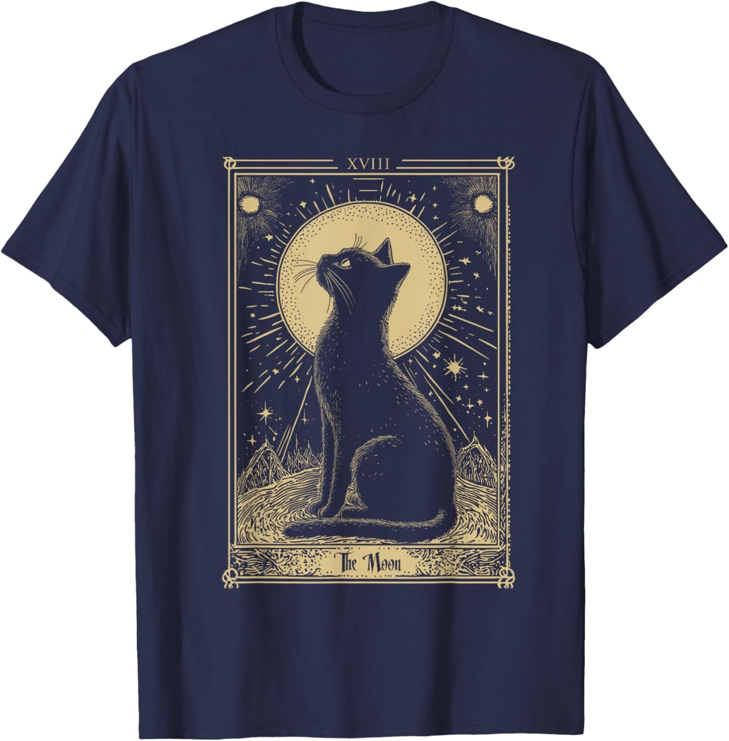 Gothic Tarot Card The Moon Cat Crescent Mystical Art , Black, S T-Shirt - T-Shirt | Navy