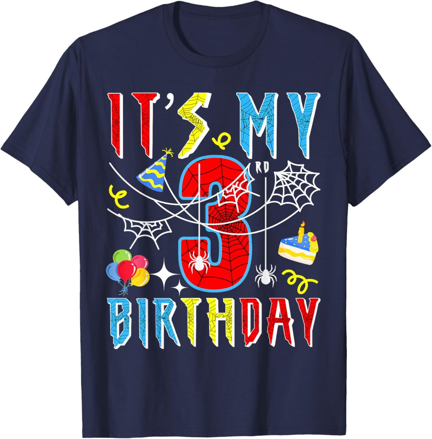3rd Birthday Spider Web Kids Boys 3rd Birthday Spider-Themed T-Shirt - T-Shirt | Navy