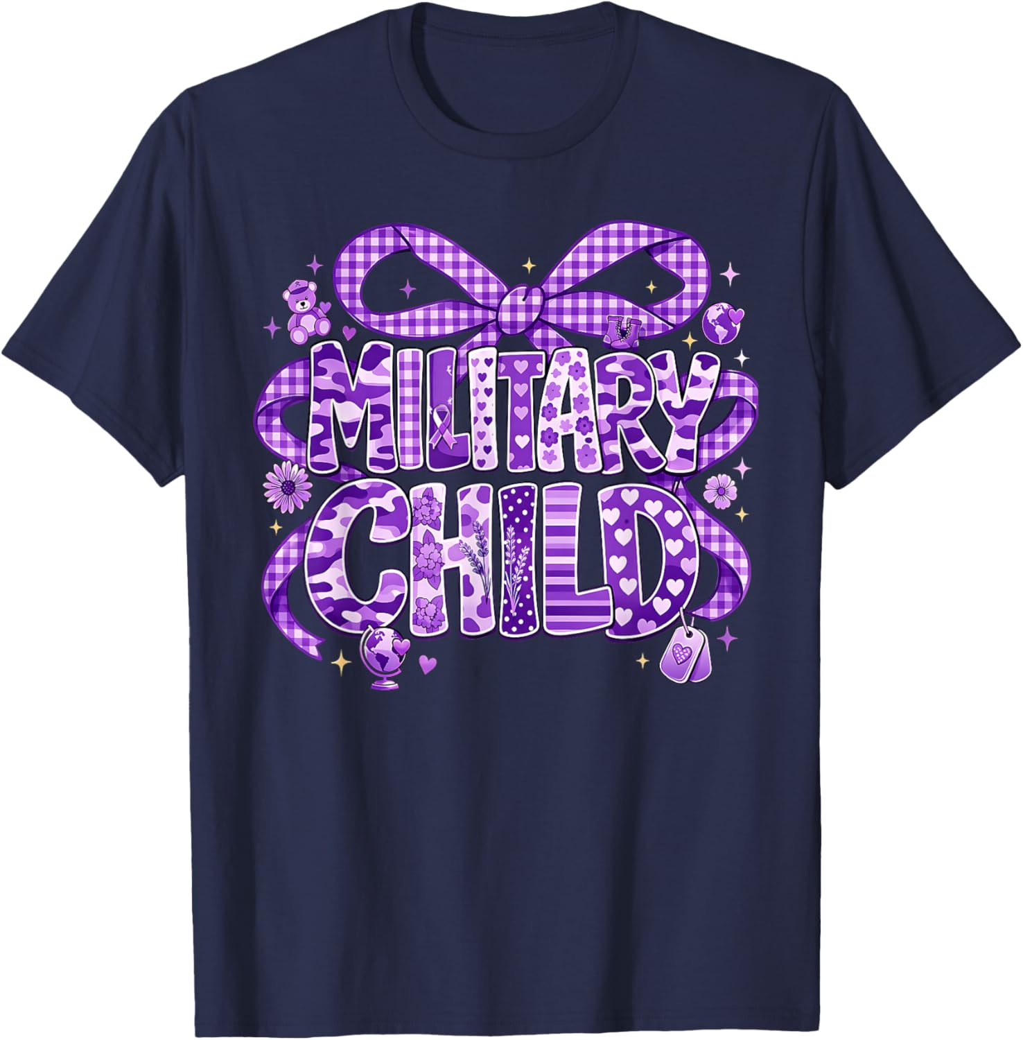 Military Child Camo Coquette Bow Purple Up for Military Kids T-Shirt - T-Shirt | Navy