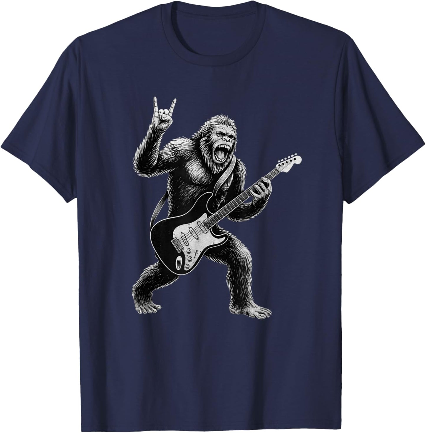 Funny Bigfoot Sasquatch Playing Guitar, Rock and Roll Music T-Shirt - T-Shirt | Navy