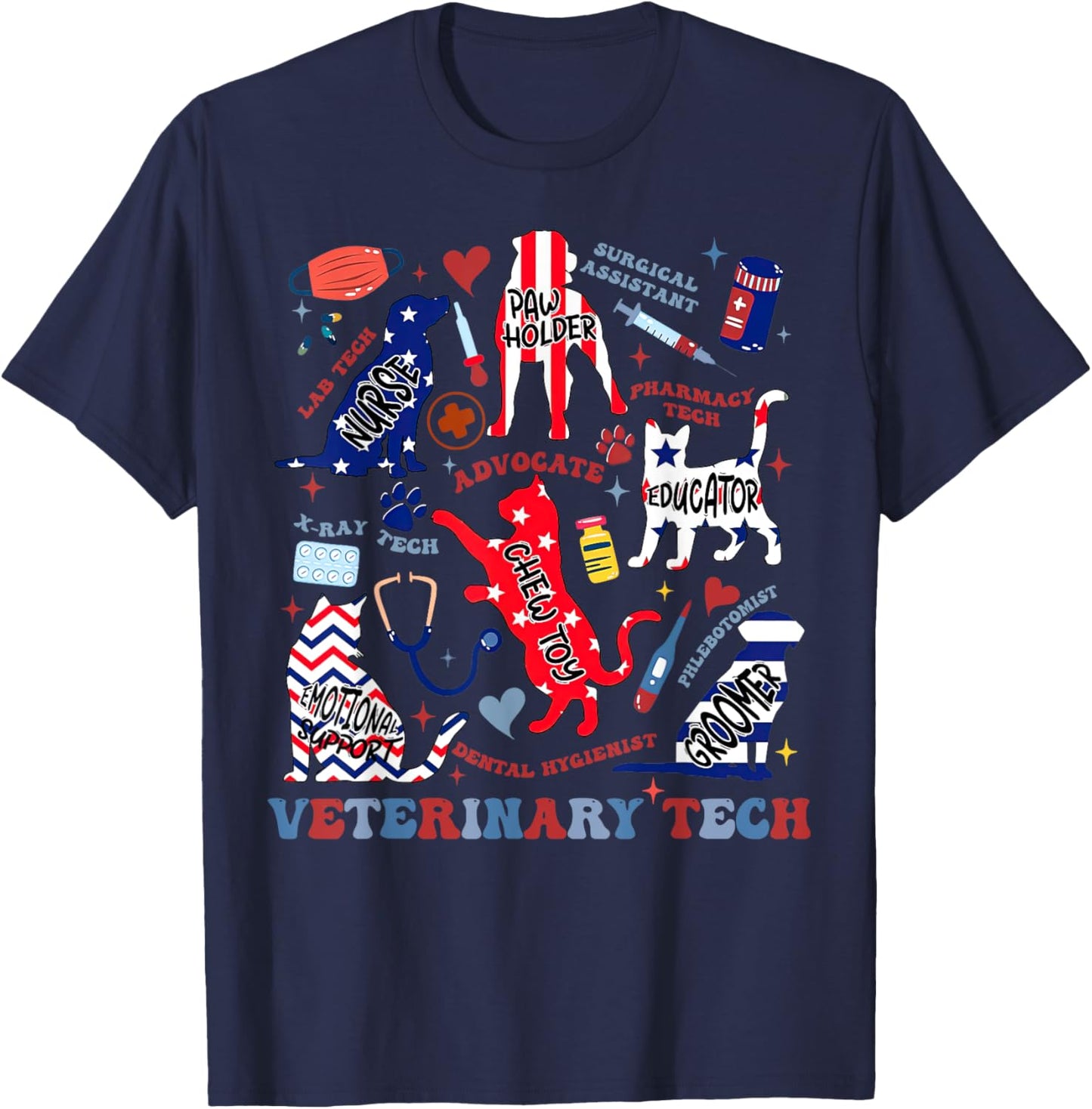 Vet Tech July 4th Veterinary Medicine Tech American Flag Vet T-Shirt - T-Shirt | Navy