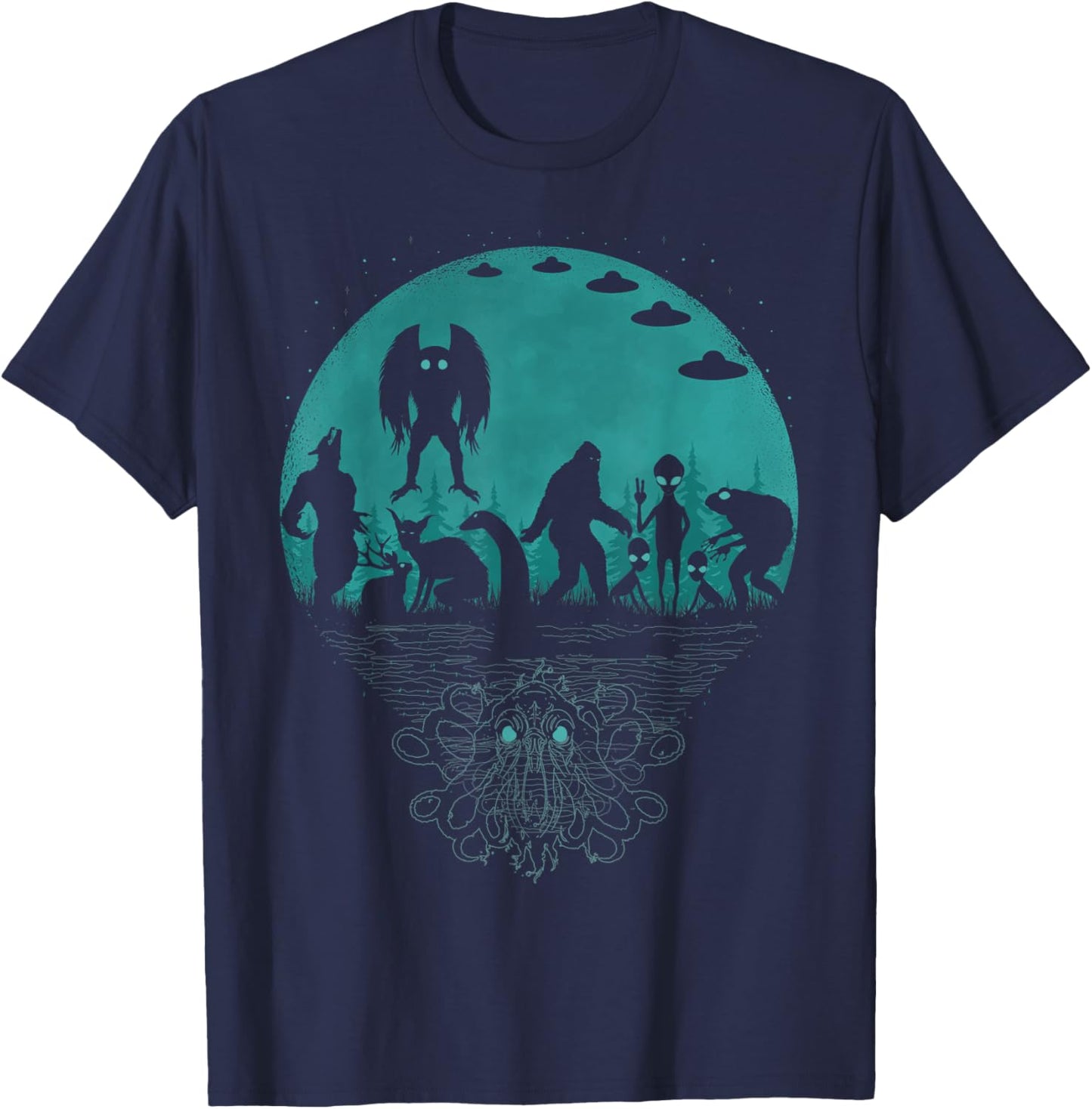 Bigfoot Loch Ness Monster Mothman And Aliens! Funny Cryptid T-Shirt - T-Shirt | Navy