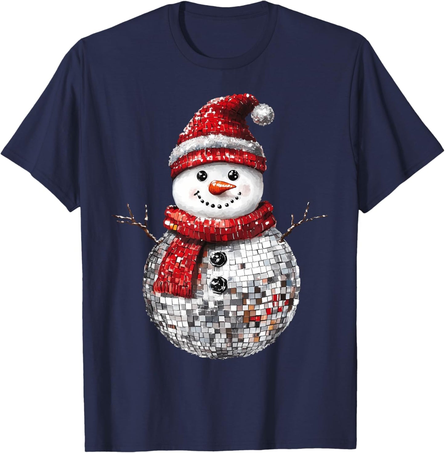 Cute Snowman Disco Ball Christmas Santa Hat Matching Family T-Shirt - T-Shirt | Navy