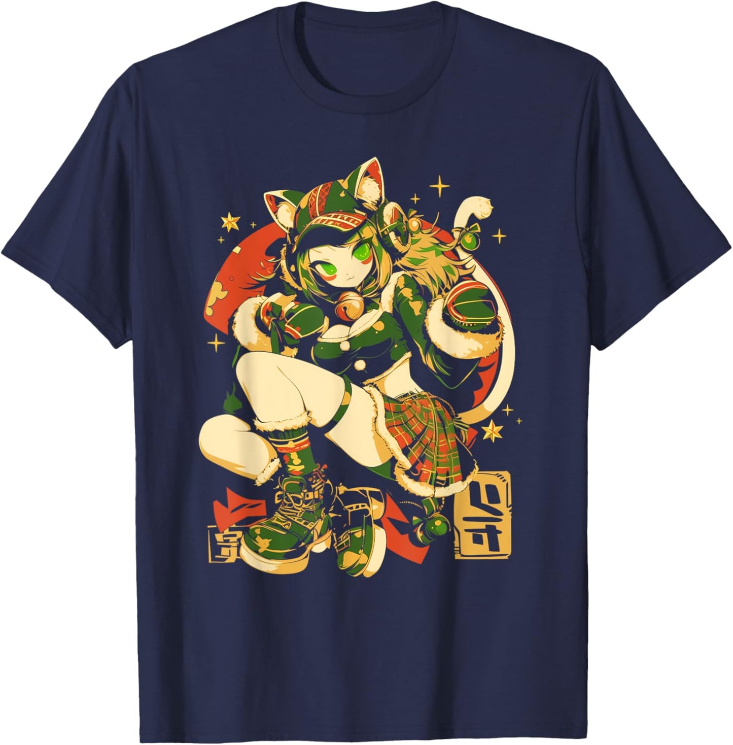 Alternative Christmas Manga Japan Anime Woman co. Christmas Cat Girl Anime Waifu Kawaii Japan Holiday Cute T-Shirt - T-Shirt | Navy