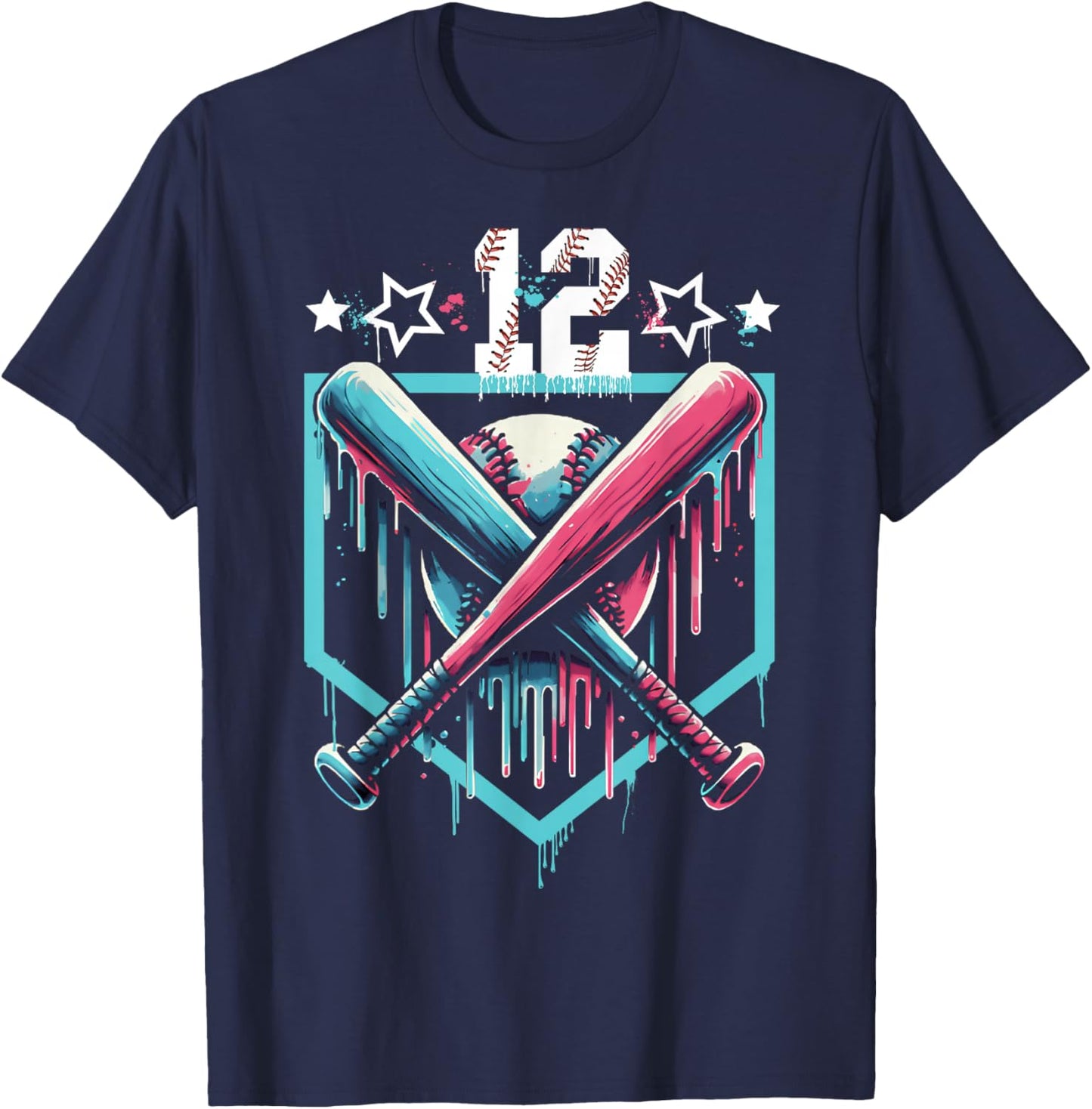 Baseball Drip 12th Birthday Boys Number 12 Youth 12 Year Old T-Shirt - T-Shirt | Navy