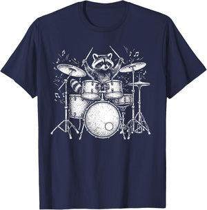 Raccoon Playing Drum Music Band Funny Drumming Racoon Gifts T-Shirt - T-Shirt | Navy