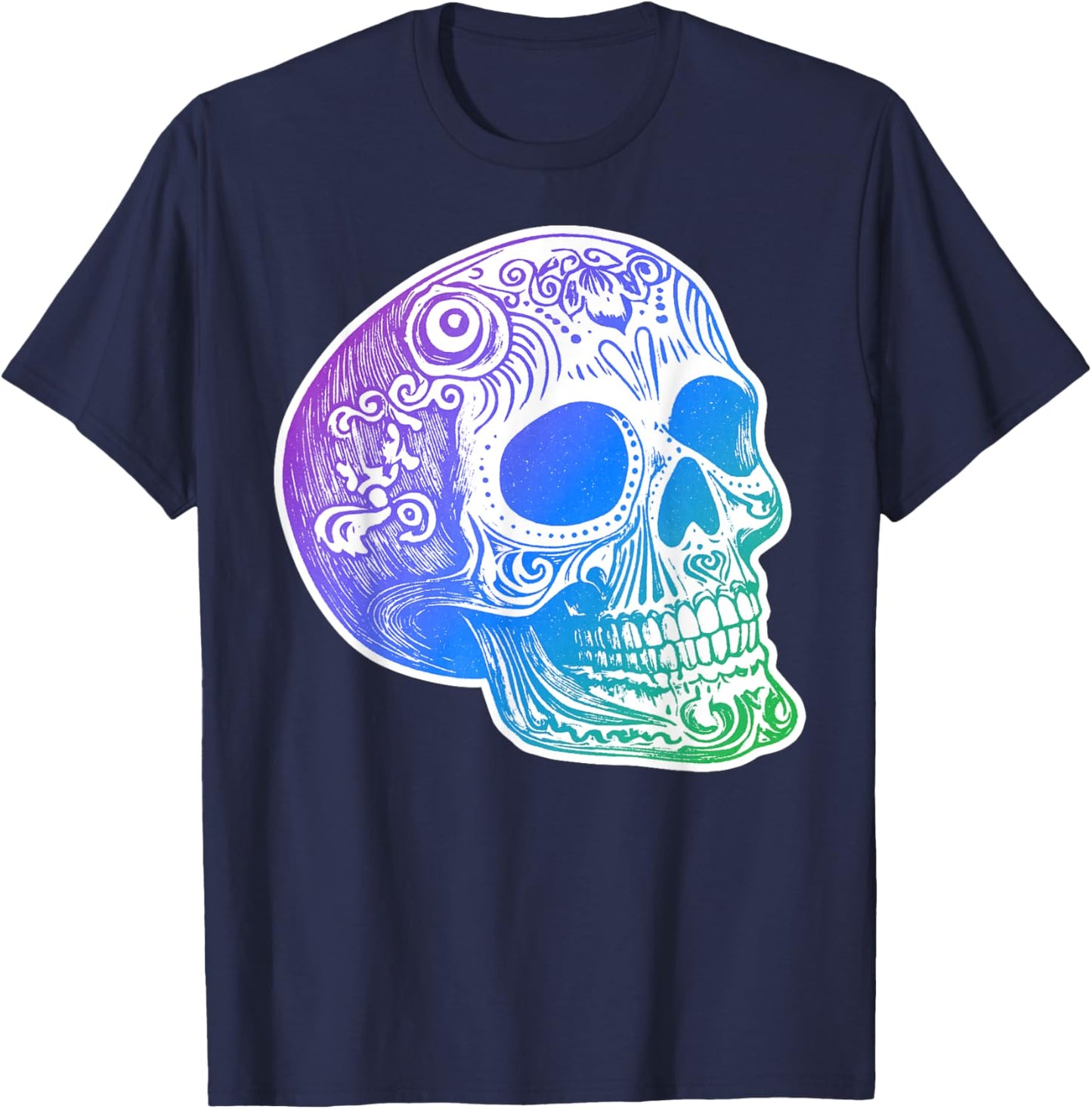 Authentic Calaca Gradient Sugar Skull Design T-Shirt - T-Shirt | Navy
