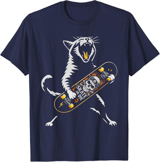 Skate or Die Skateboard Funny Skater Cat T-Shirt - T-Shirt | Navy